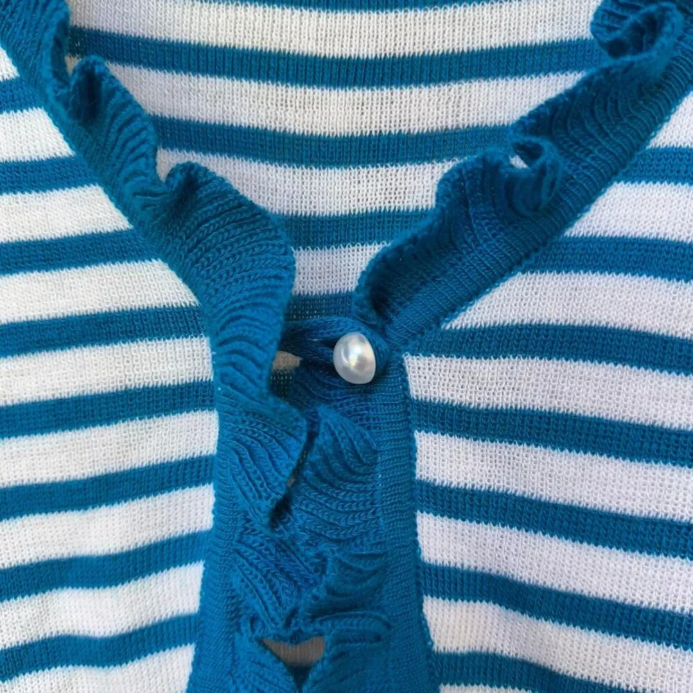 Vintage Kokomo Ltd. Blue & White Striped Ruffled Cardigan size L/XL